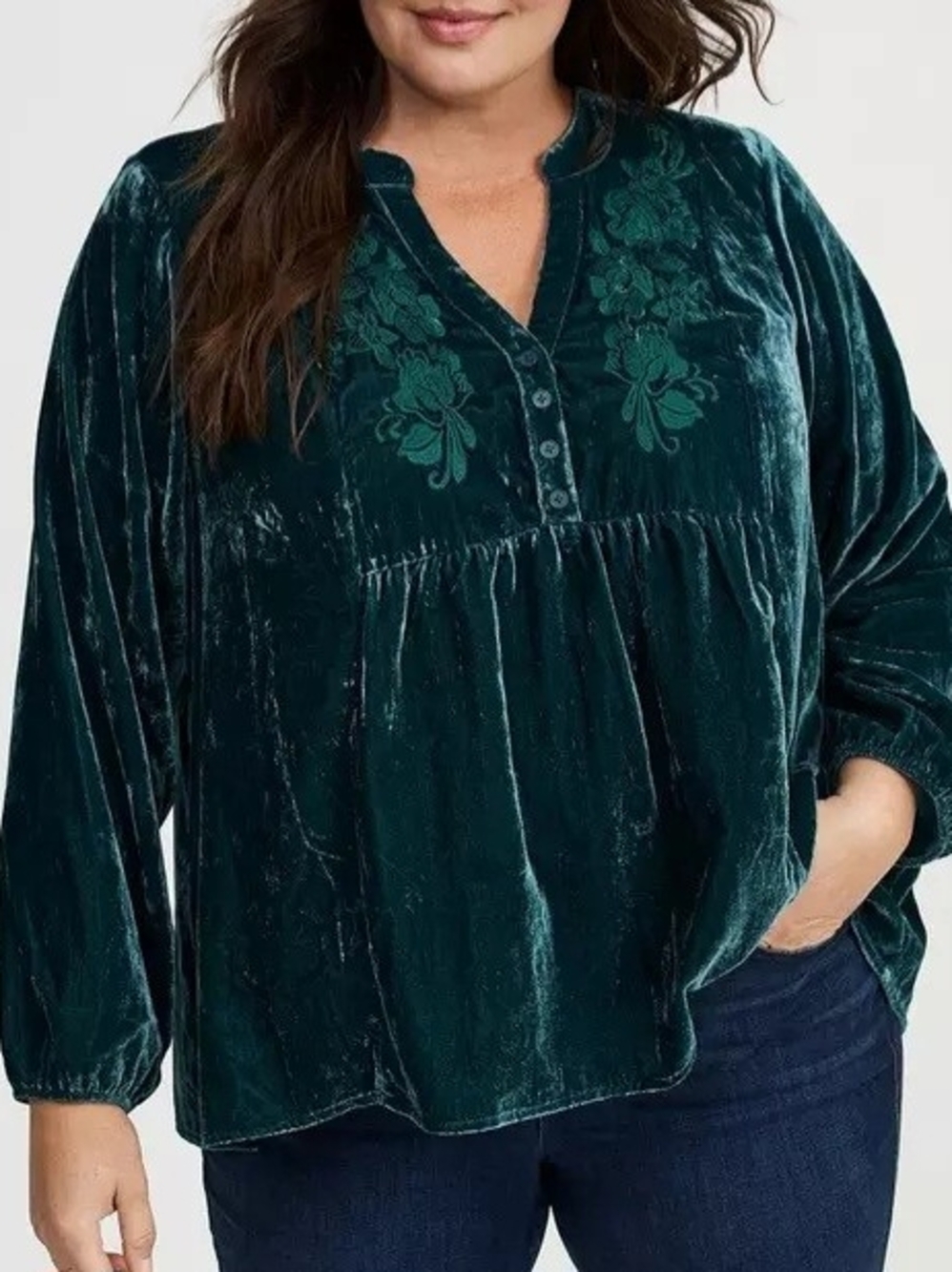 Torrid Plus Velvet Embroidered V Neck Long Sleeves Top, 3XL, Green/ Teal
